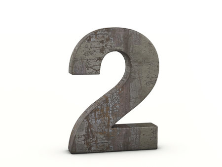 Rusty metal number two on a white background. 3d illustration.