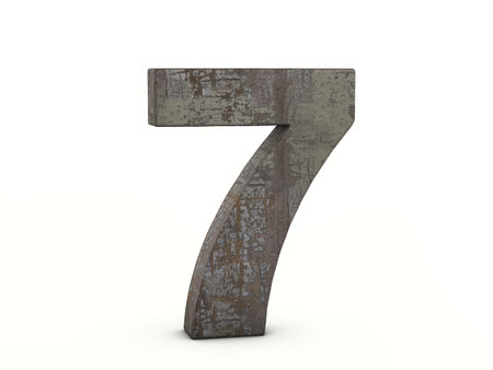 Rusty metal number seven on a white background. 3d illustration.