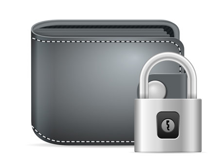 Leather wallet and padlock on a white background.のイラスト素材