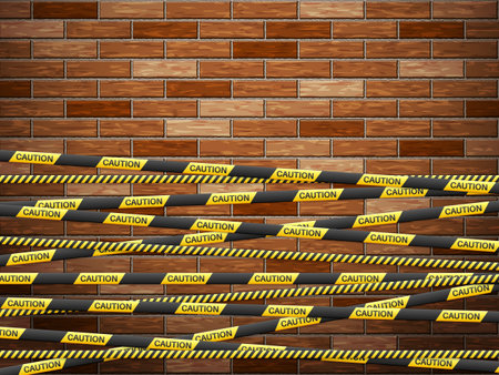 Caution tape on bricks background. Vector illustration.のイラスト素材