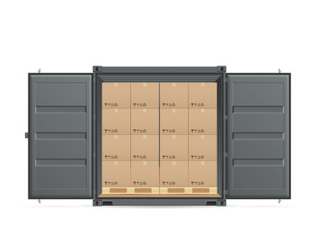 Open shipping cargo container with boxes on a white background. Vector illustration.のイラスト素材