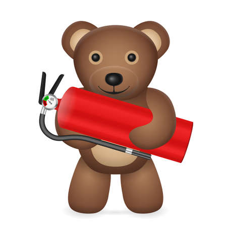 Teddy bear with fire extinguisher on a white background. Vector illustration.のイラスト素材