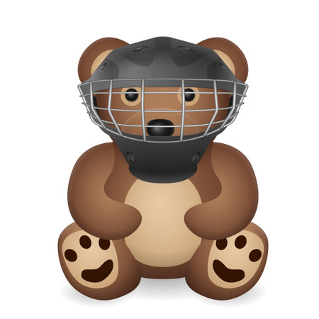 Teddy bear with Hockey goalie mask on a white background. Vector illustration.