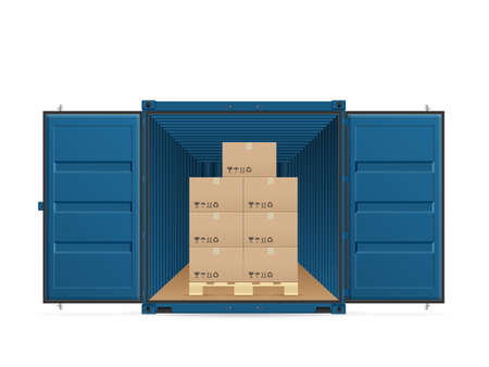 Open shipping cargo container with boxes on a white background. Vector illustration.のイラスト素材