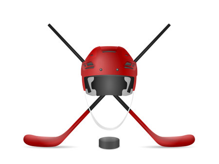 Hockey helmet, sticks and puck on a white background. Vector illustration.のイラスト素材