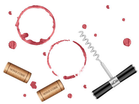 Wine stain, cork and corkscrew on a white background. Vector illustration.のイラスト素材