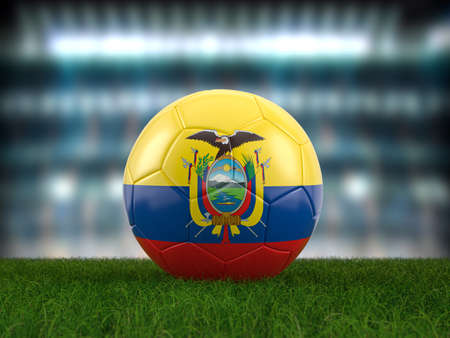 Soccer ball Ecuador flag on a soccer pitch. 3d illustration.の写真素材