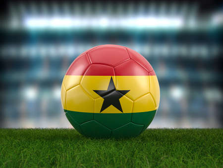 Soccer ball Ghana flag on a soccer pitch. 3d illustration.の写真素材