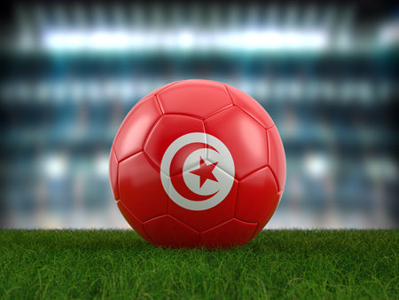 Soccer ball Tunisia flag on a soccer pitch. 3d illustration.の写真素材