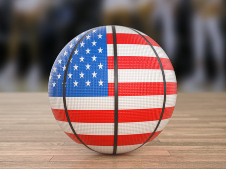 Basketball ball USA flag on a wooden floor. 3d illustration.の写真素材