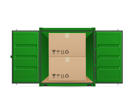 Open shipping cargo container with boxes on a white background. Vector illustration.のイラスト素材
