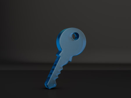 Glass key symbol on a black background. 3d illustration.の写真素材