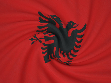 Twisted fabric Albania flag background. 3d illustration.の写真素材