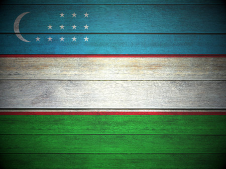 Uzbekistan flag painted on wooden planks background. 3d illustration.の写真素材