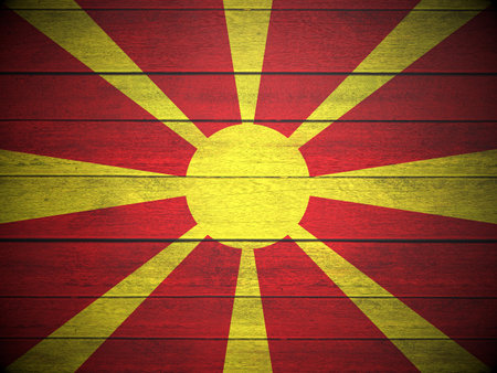 North Macedonia flag painted on wooden planks background. 3d illustration.の写真素材