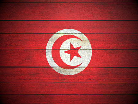 Tunisia flag painted on wooden planks background. 3d illustration.の写真素材