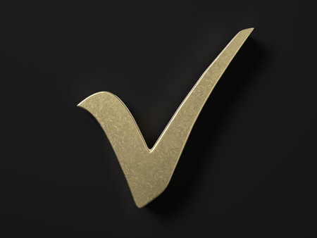 Gold check mark symbol on a black background. 3d illustration.