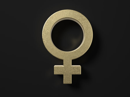 Gold gender woman symbol on a black background. 3d illustration.の写真素材