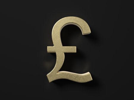 Gold pound symbol on a black background. 3d illustration.の写真素材