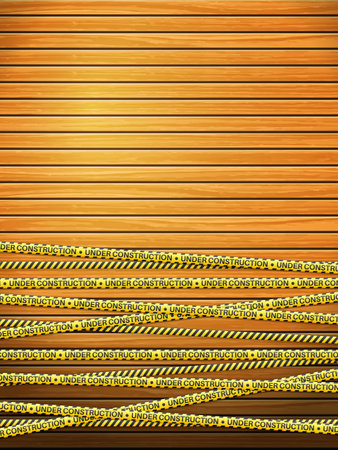 Under construction tape on wooden background. Vector illustration.のイラスト素材