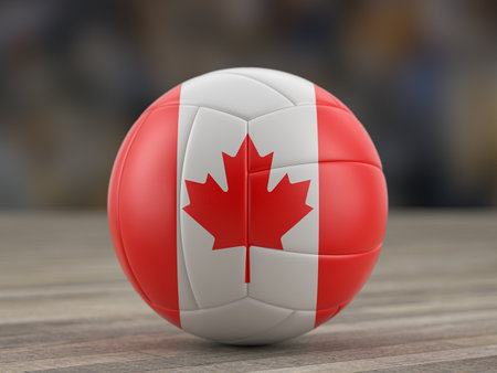 Volleyball ball Canada flag on a wooden floor. 3d illustration.の写真素材