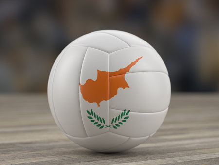Volleyball ball Cyprus flag on a wooden floor. 3d illustration.の写真素材
