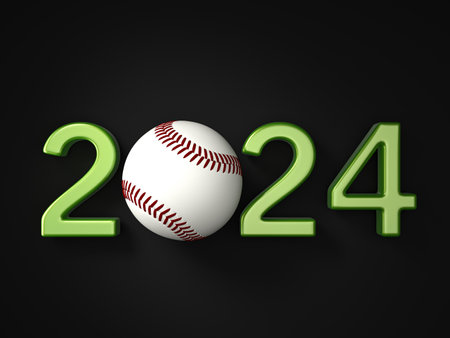 New year number with baseball ball on a black background. 3d illustration.の写真素材