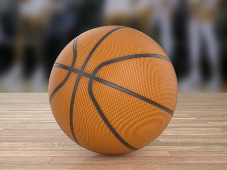 Basketball ball on a wooden floor. 3d illustration.の写真素材