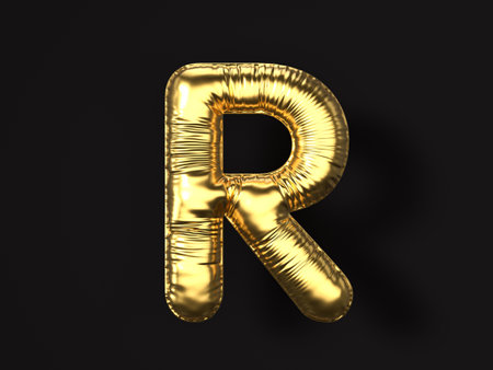 Gold balloon letter R on a black background. 3d illustration.の写真素材