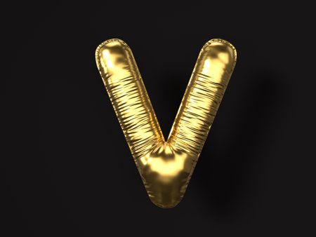 Gold balloon letter V on a black background. 3d illustration.の写真素材