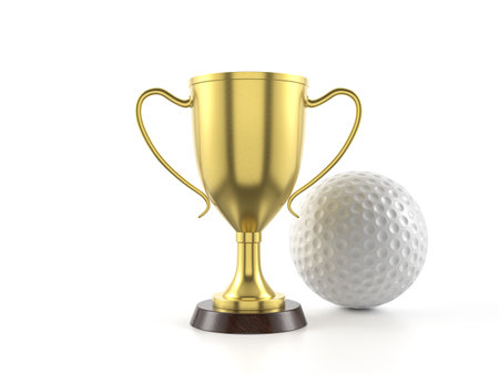 Trophy cup and golf ball on a white background. 3d illustration.の写真素材