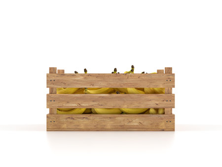 Wooden crate with bananas on a white background. 3d illustration.の写真素材