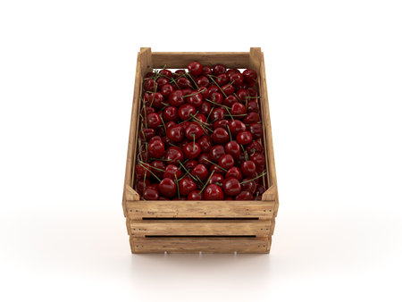 Wooden crate with cherries on a white background. 3d illustration.の写真素材