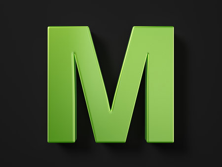 Green letter M on a black background. 3d illustration.の写真素材