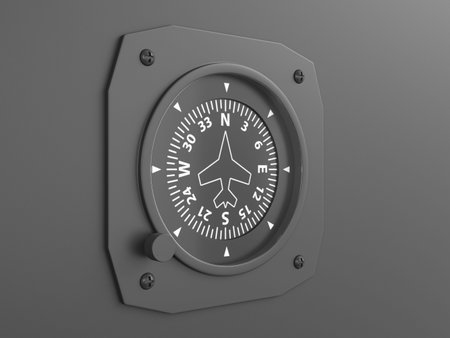 Flight instrument heading indicator on a black background. 3d illustration.