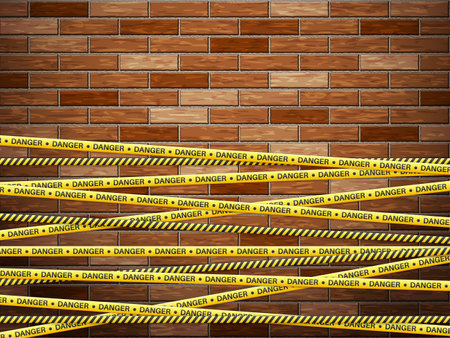 Danger tape on bricks background. Vector illustration.のイラスト素材