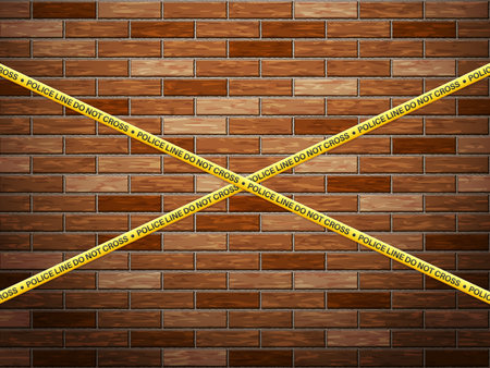 Police line tape on bricks background. Vector illustration.のイラスト素材