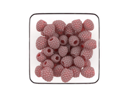 Glass bowl with raspberries on a white background.
