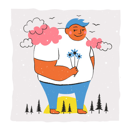 Vector illustration with friendly big guy with flowers, pine trees, birds, clouds and Sun. Cute greeting card designのイラスト素材