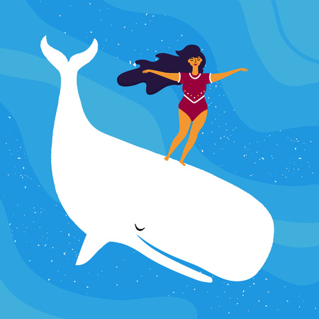 Funny surf poster with girl and ocean animalのイラスト素材