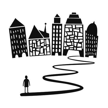 Vector illustration with man silhouette standing on a road to black and white cityのイラスト素材