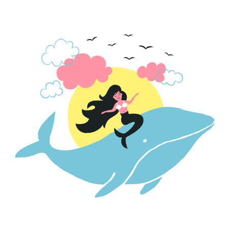 Vector illustration with long hair mermaid ride on the blue whale. Yellow sun, blue and pink clouds and black little birdsのイラスト素材