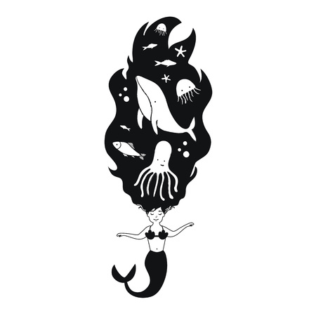 Print design with sea animals and female mythical creatureのイラスト素材