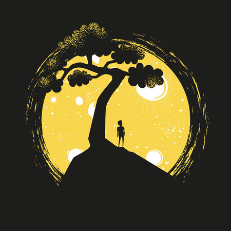 Vector illustration with young man silhouette standing on the hill, yellow moon and black treeのイラスト素材