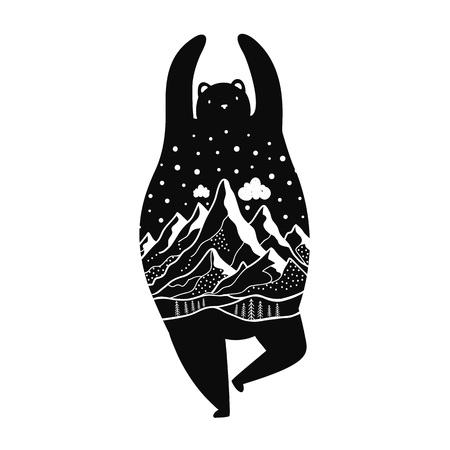 Vector illustration with black bear and mountain landscape. Clouds, pine trees, hills and starsのイラスト素材