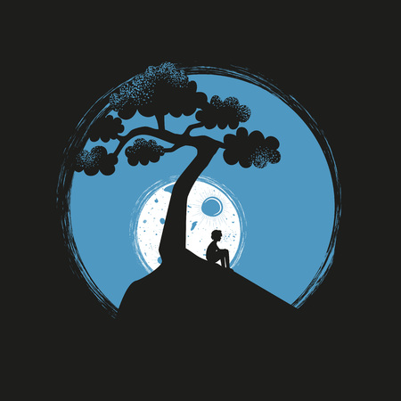 Vector illustration with lonely young man silhouette sitting on the hill, white moon, blue sky and black treeのイラスト素材