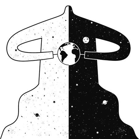 Planet earth is in the hands of the universe, which is always in the balance of good and evil, black and whiteのイラスト素材