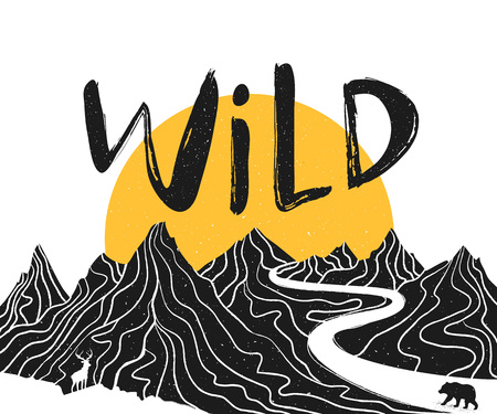 Vector poster with mountain landscape, deer, bear and lettering word - WILDのイラスト素材