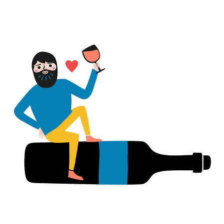 Vector illustration with bearded man sitting on the black bottle of wine and holding glass with red liquidのイラスト素材