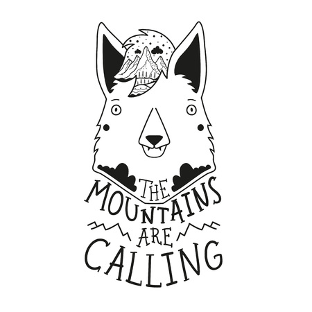 Vector illustration with wolf and nature landscape in the hair. Lettering inspirational quote - The mountains are callingのイラスト素材